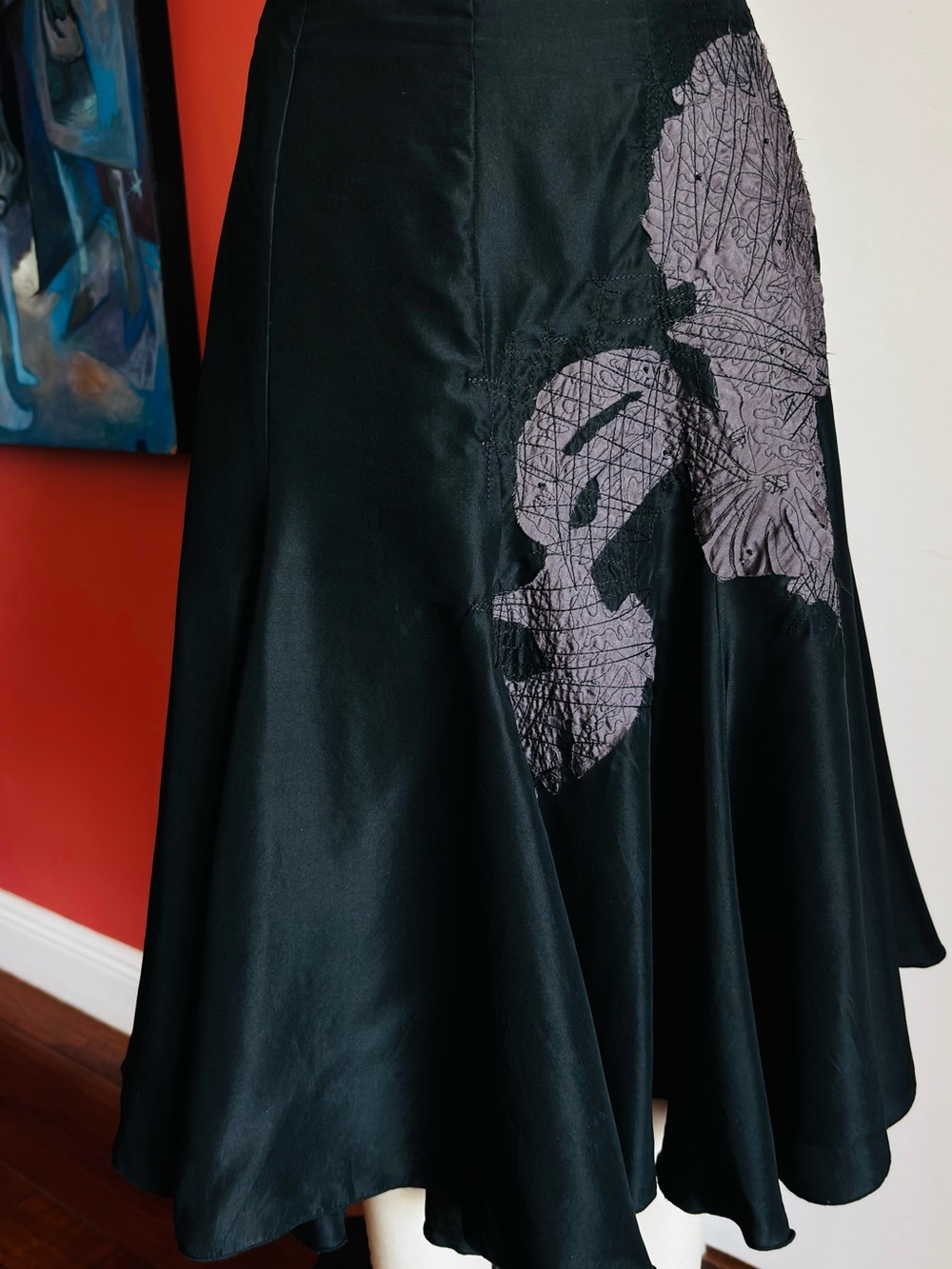 100% SILK - bebe Black A-Line Skirt with Gray Lace Panel